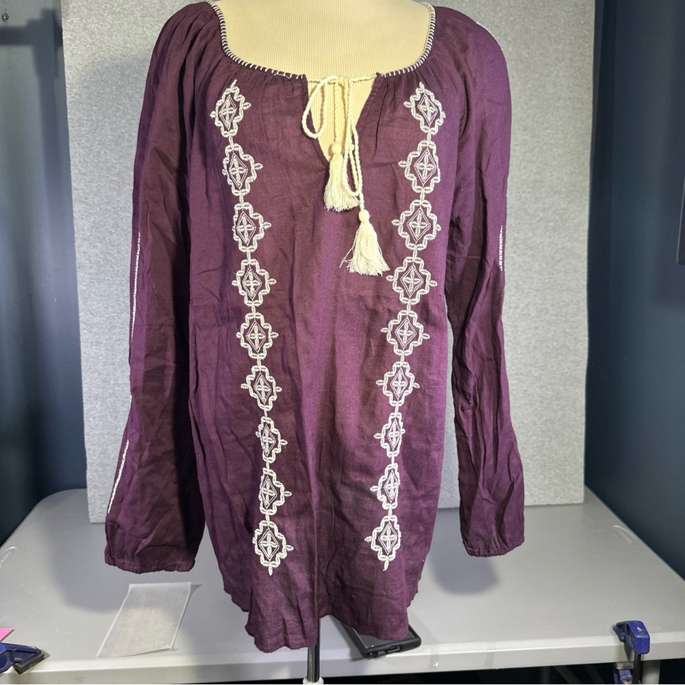 Women’s Lucky Brand XXL Embroidered Thin Blouse With Tassles Raw Hemline SKU 018